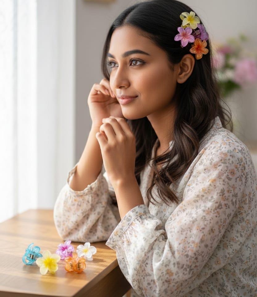 Colorful Flower Design Plastic Hair Claw Clips for Girls & Women combo 6 - Image 2