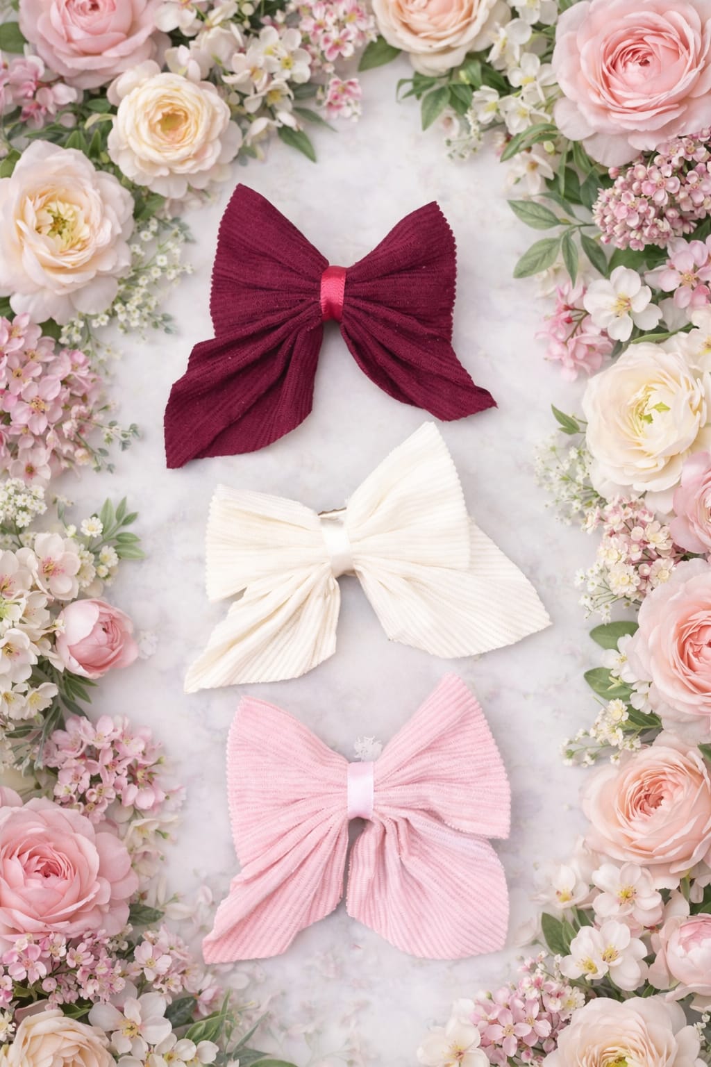 World Haven Pleated Fabric Hair Bow Clip – Pack of 3 (Maroon, Cream, Pink) | Stylish Big Ribbon Hair Accessories for Girls & Women - Image 5