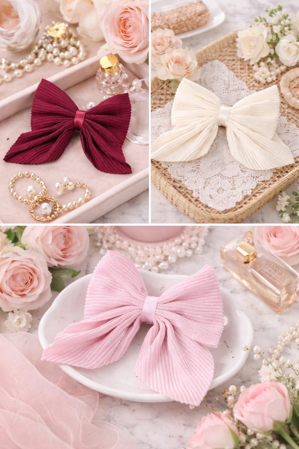 World Haven Pleated Fabric Hair Bow Clip – Pack of 3 (Maroon, Cream, Pink) | Stylish Big Ribbon Hair Accessories for Girls & Women - Image 3