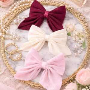 World Haven Pleated Fabric Hair Bow Clip – Pack of 3 (Maroon, Cream, Pink) | Stylish Big Ribbon Hair Accessories for Girls & Women