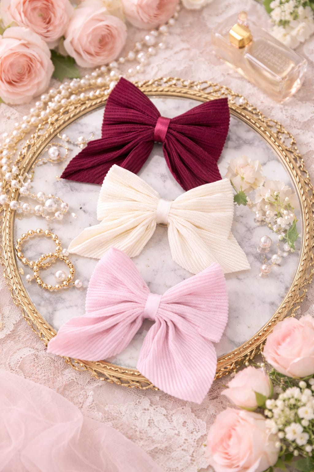 World Haven Pleated Fabric Hair Bow Clip – Pack of 3 (Maroon, Cream, Pink) | Stylish Big Ribbon Hair Accessories for Girls & Women