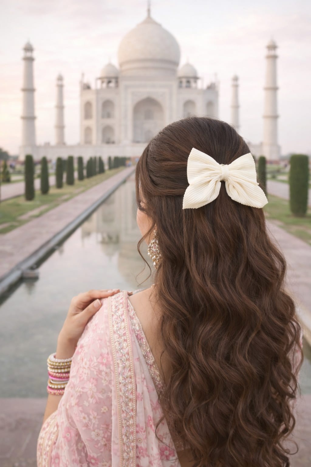 World Haven Pleated Fabric Hair Bow Clip – Pack of 3 (Maroon, Cream, Pink) | Stylish Big Ribbon Hair Accessories for Girls & Women - Image 2